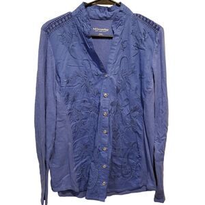 Soft Surroundings Dark Blue Embroidered Long Sleeve Tunic Blouse Size Medium
